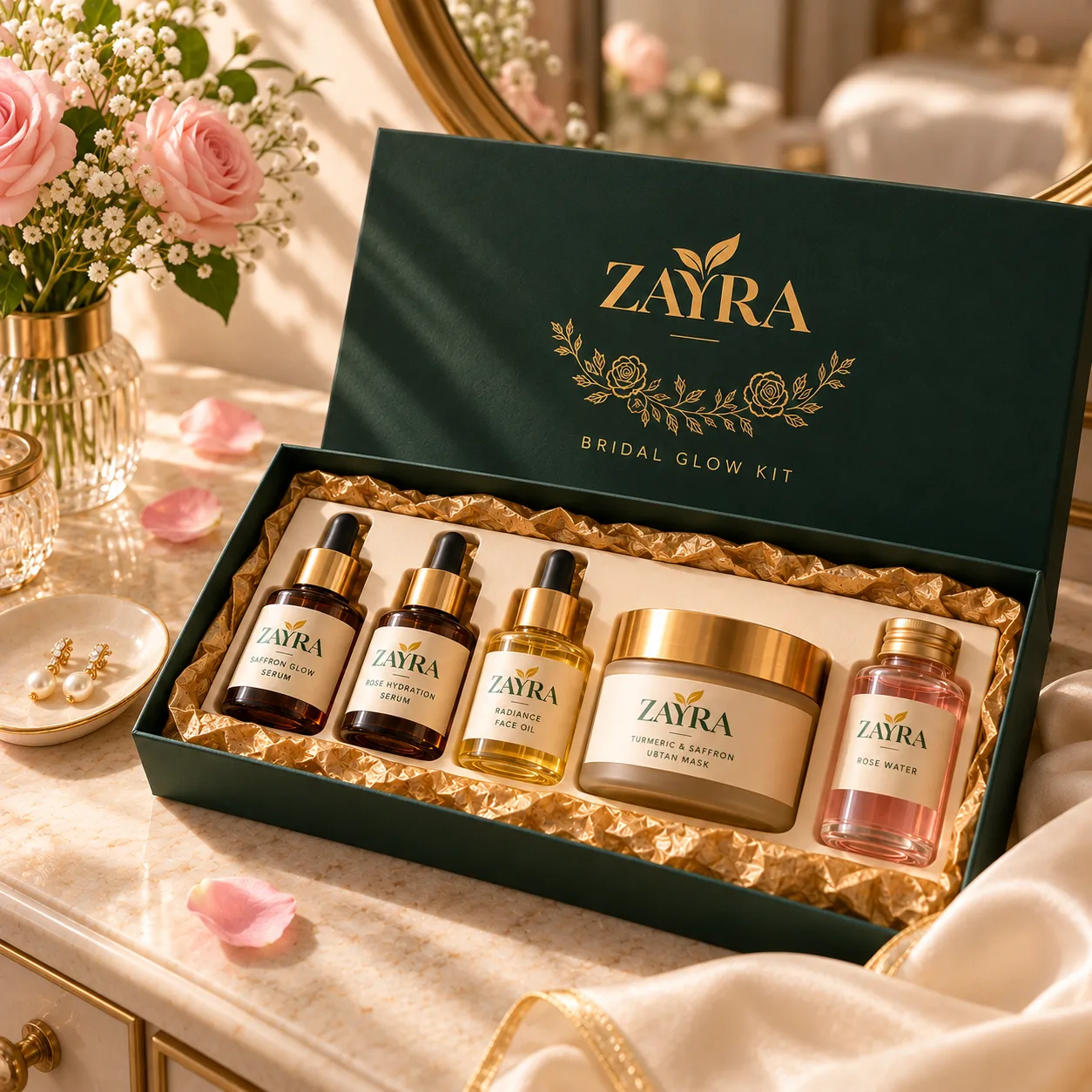 ZAYRA Bridal Glow Kit open gift box with five skincare products nestled in gold paper on a vanity with roses