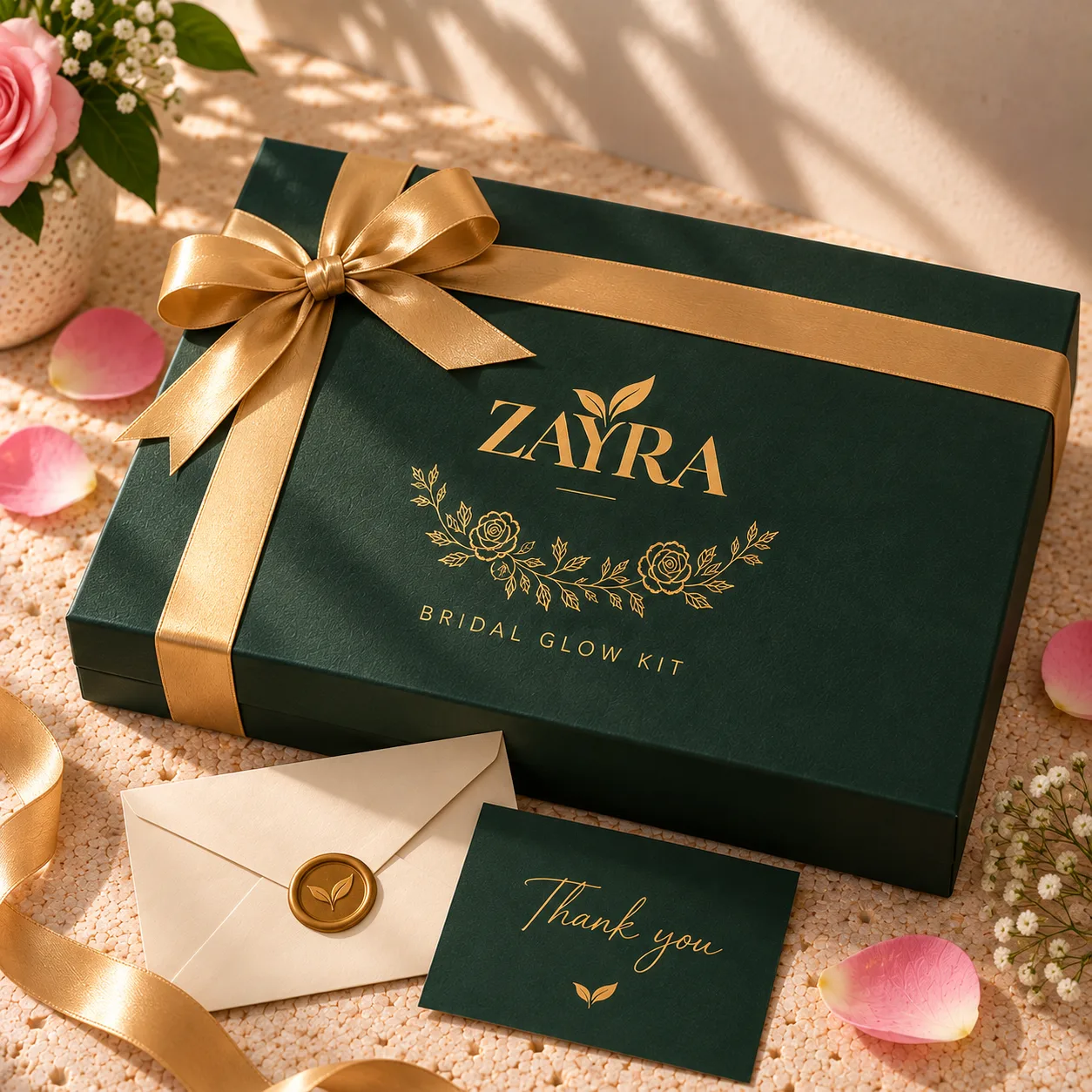 ZAYRA Bridal Glow Kit closed forest green gift box tied with a gold ribbon, with a wax-sealed envelope and thank you card