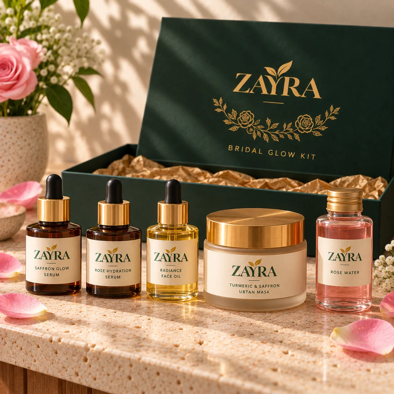ZAYRA Bridal Glow Kit products in a row: Saffron Glow Serum, Rose Hydration Serum, Radiance Face Oil, Ubtan Mask jar and Rose Water in front of the open green box