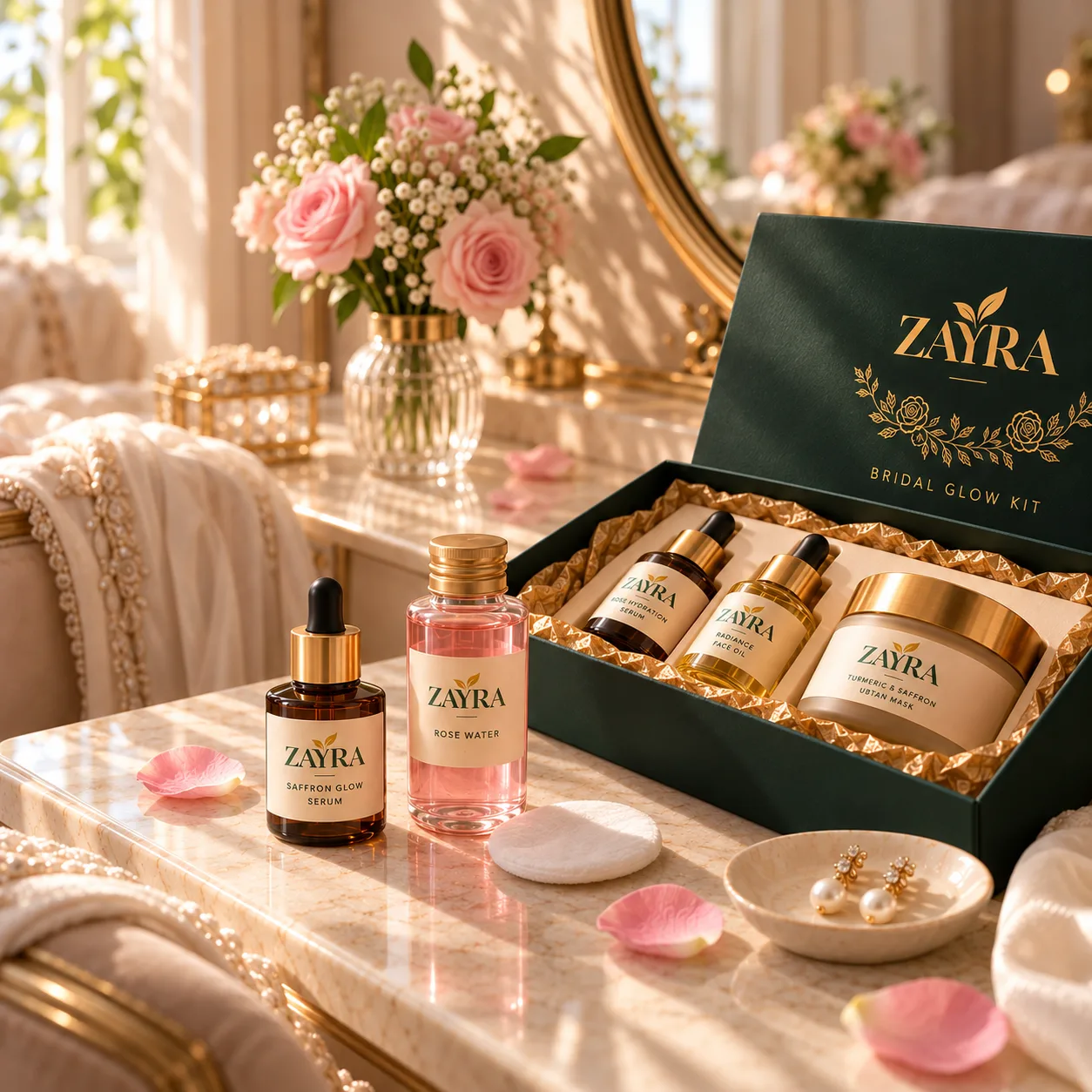 ZAYRA Bridal Glow Kit styled on a vanity with fresh roses, pearl earrings and a gold mirror
