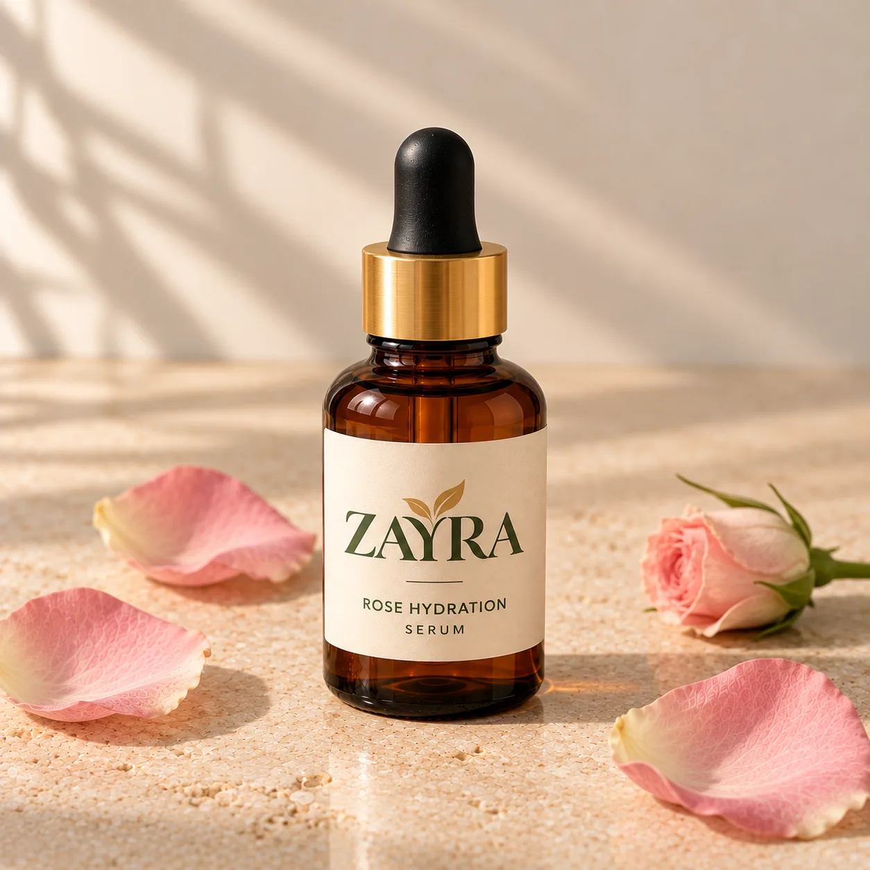 ZAYRA Rose Hydration Serum in an amber glass dropper bottle with a gold collar, surrounded by rose petals