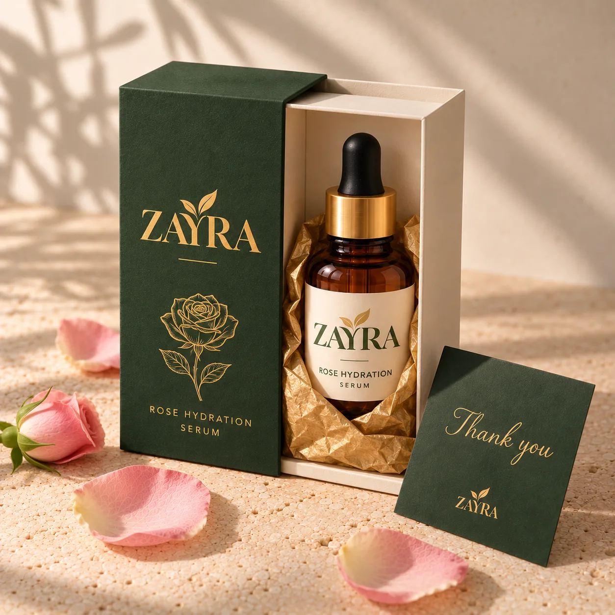 ZAYRA Rose Hydration Serum in its forest green sliding gift box with gold paper and a thank you card