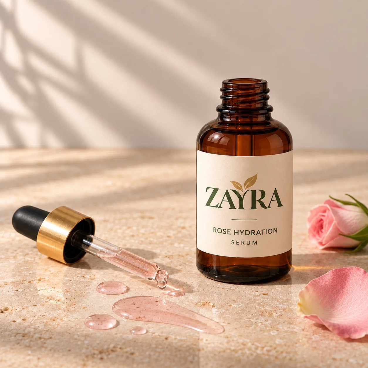 ZAYRA Rose Hydration Serum dropper on a stone surface with clear pink serum droplets