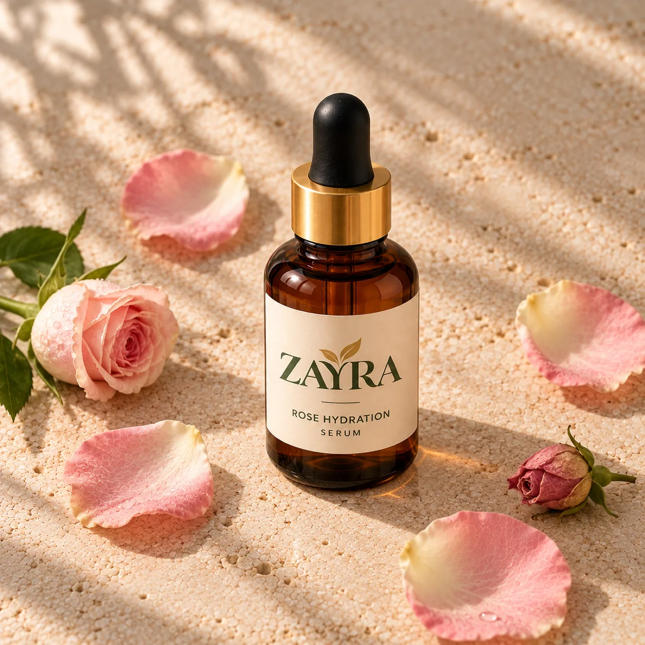 ZAYRA Rose Hydration Serum bottle among fresh roses, a rose bud and soft pink petals