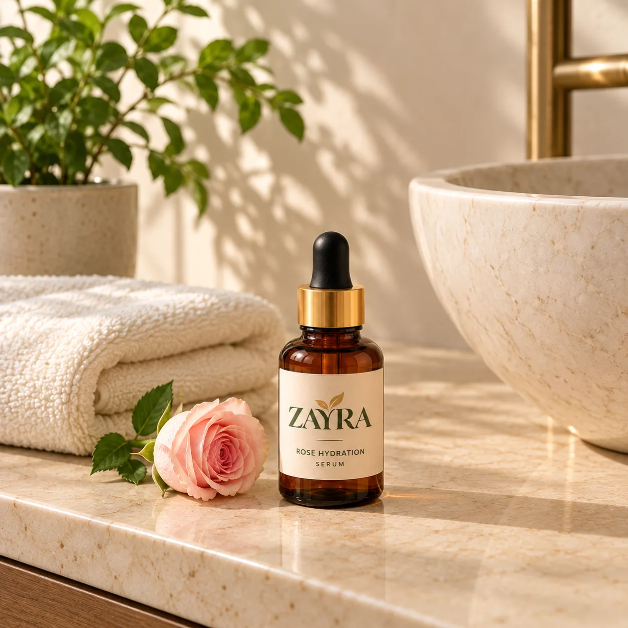 ZAYRA Rose Hydration Serum on a bathroom vanity with a rose, folded towel and green plant