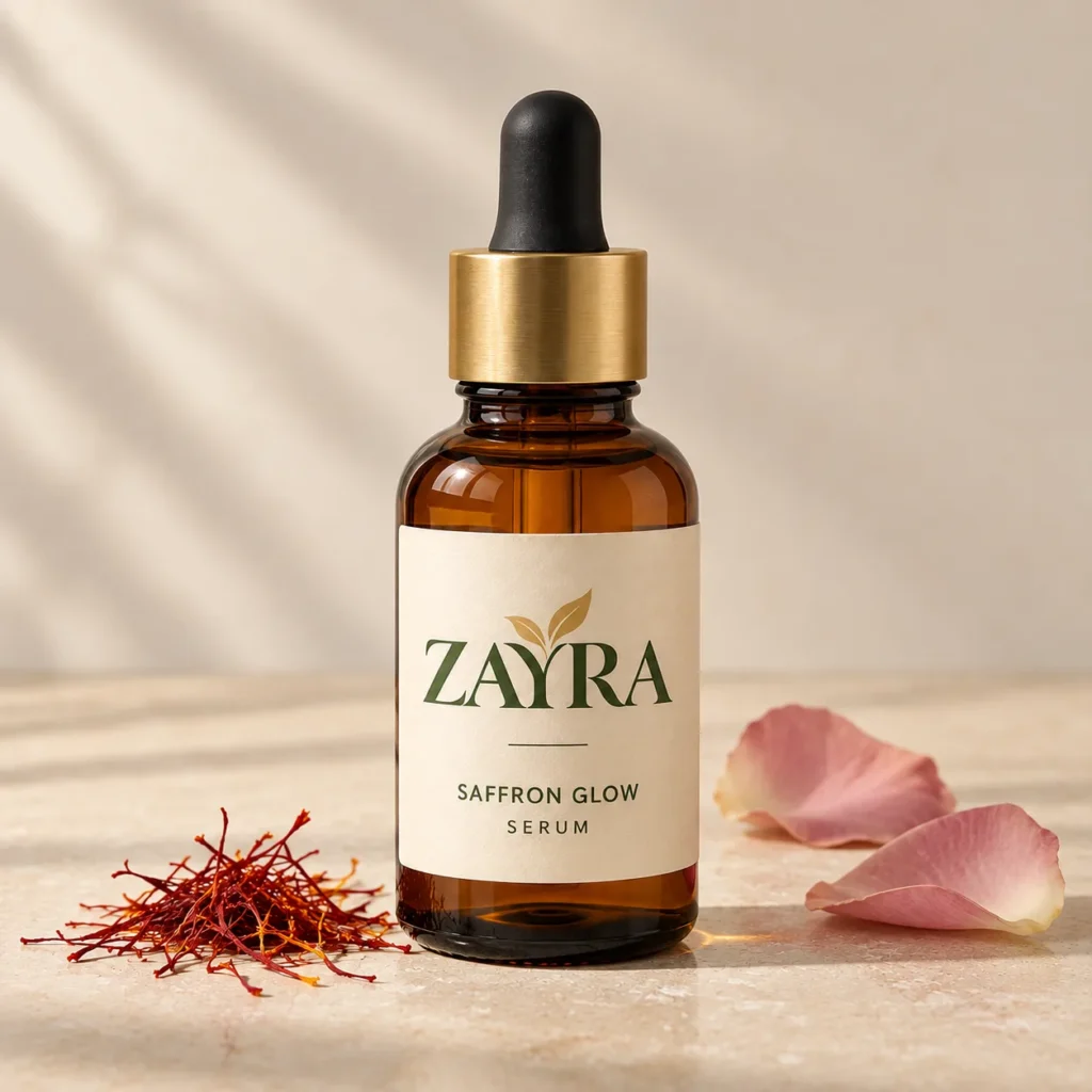 ZAYRA Saffron Glow Serum in an amber glass dropper bottle with a gold collar, with saffron threads and rose petals
