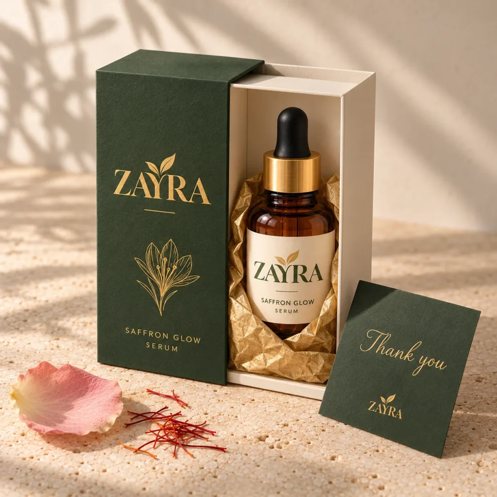 ZAYRA Saffron Glow Serum in its forest green sliding gift box with gold paper and a thank you card