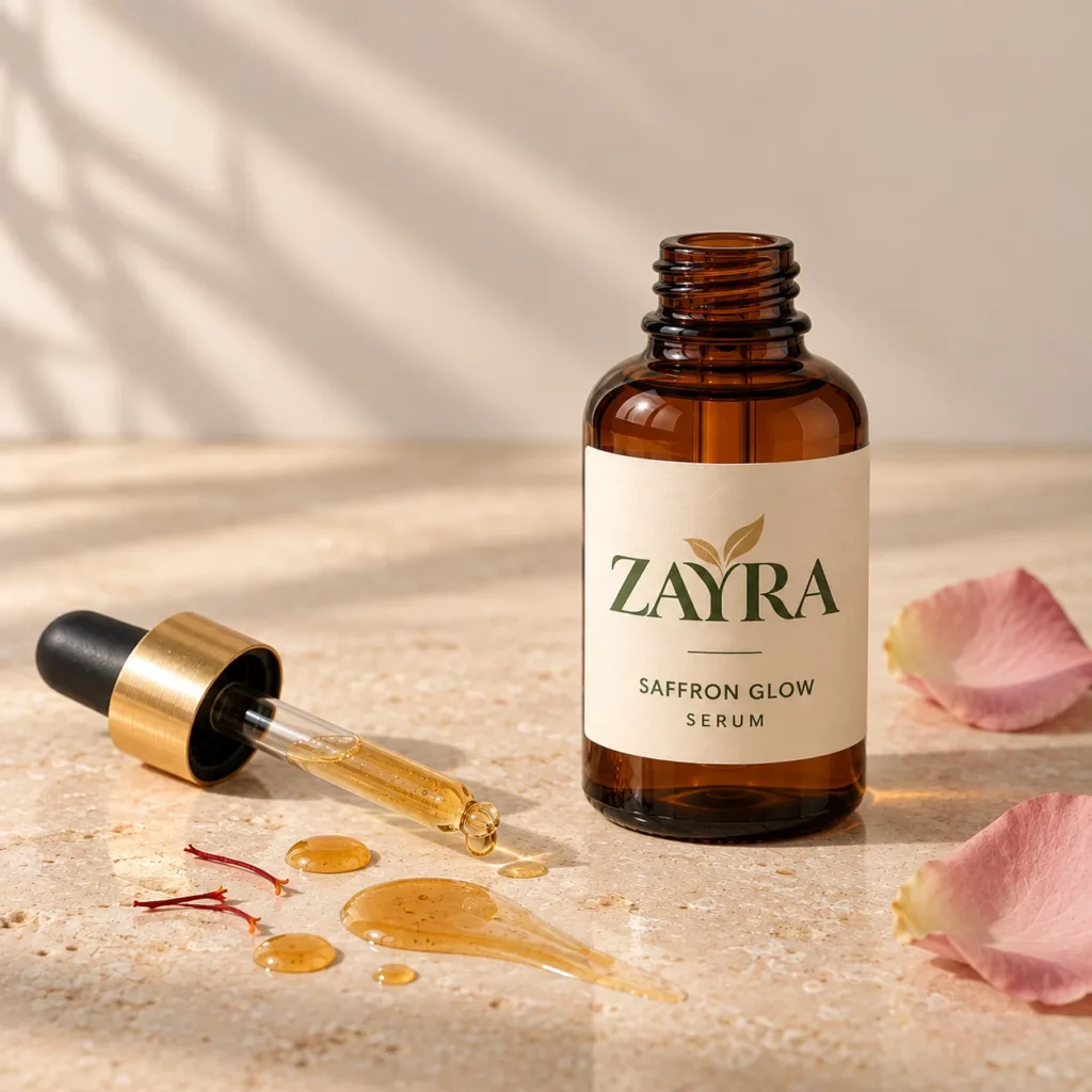 ZAYRA Saffron Glow Serum dropper with golden serum droplets and saffron threads on a stone surface
