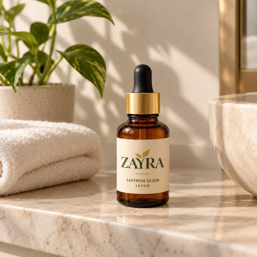 ZAYRA Saffron Glow Serum on a marble vanity with a folded towel, stone basin and green plant
