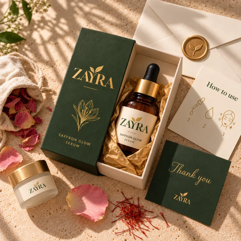 A ZAYRA order unboxed: forest green sliding box, gold paper, a pouch of dried rose petals, a wax-sealed note, thank you card, how-to-use card and a small gift